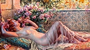 Nude Languishing with Roses Delphin Enjolras A naked girl with pretty flowers. A hot sexy woman or foxy female. Liteeroticart.